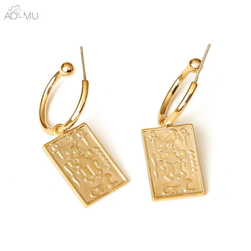 

AOMU S925 Sterling Silver Pin Golden Metal Tarot Geometric Rectangle Dangle Drop Earrings for Women Girl Party Gift Jewelry