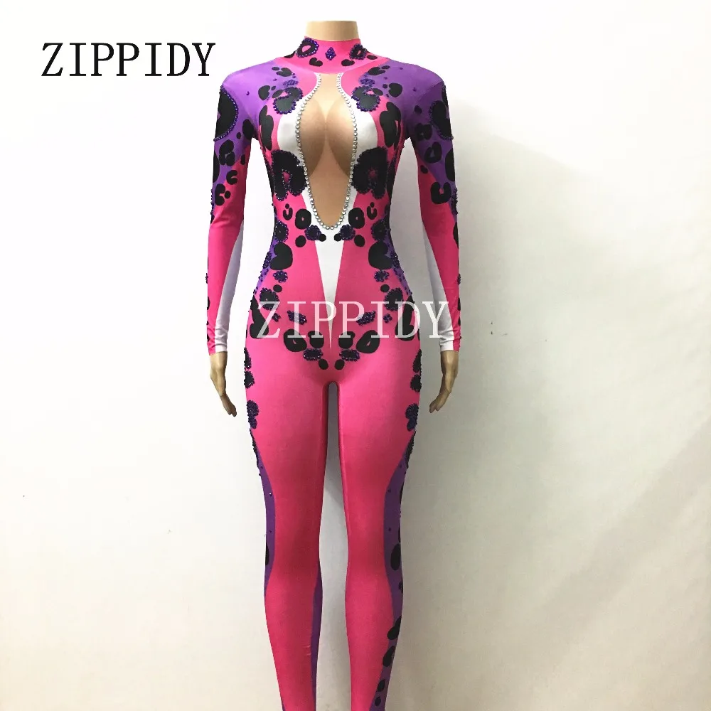 Женский леопардовый комбинезон с длинным рукавом и стразами|dancer wear|women singerrhinestone