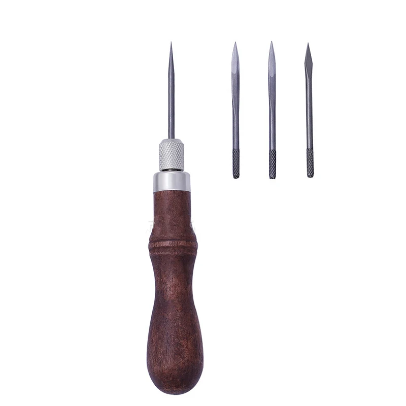 4 in 1 Leathercraft Sewing Needle DIY Wood Handle Leather Stitching Awl