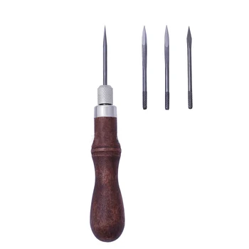 

4 in 1 Leathercraft Sewing Needle DIY Wood Handle Leather Stitching Awl for Canvas Leather Sewing Scratch Awl Tools