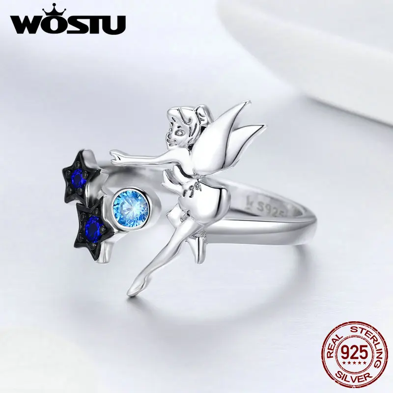 

WOSTU Authentic 100% 925 Sterling Silver Fairy with Star Blue CZ Adjustable Open Rings For Women Party 925 Jewelry Gift BKR349