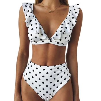 

Ruffled Deep V Bikini Split Swimsuit Polka Dot Swimsuit High Waist Beachwear