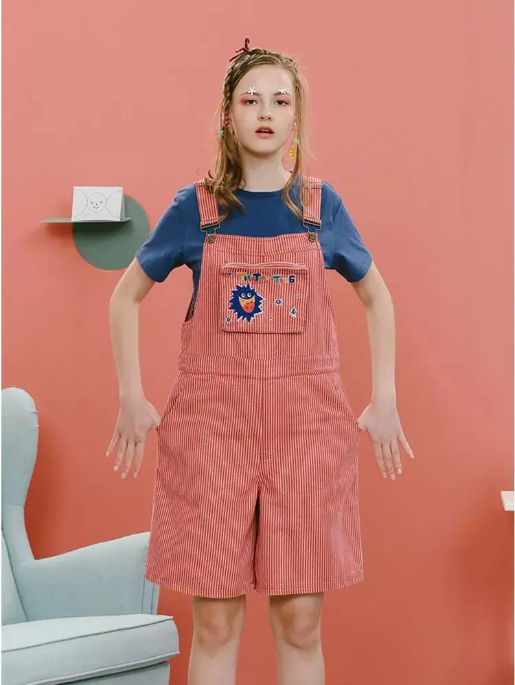 

Summer New Fashion Loose Big Pocket Stripe Denim Overalls Women Rompers Jean Shorts Bodysuit Cross Strap Laides Playsuits Shorts
