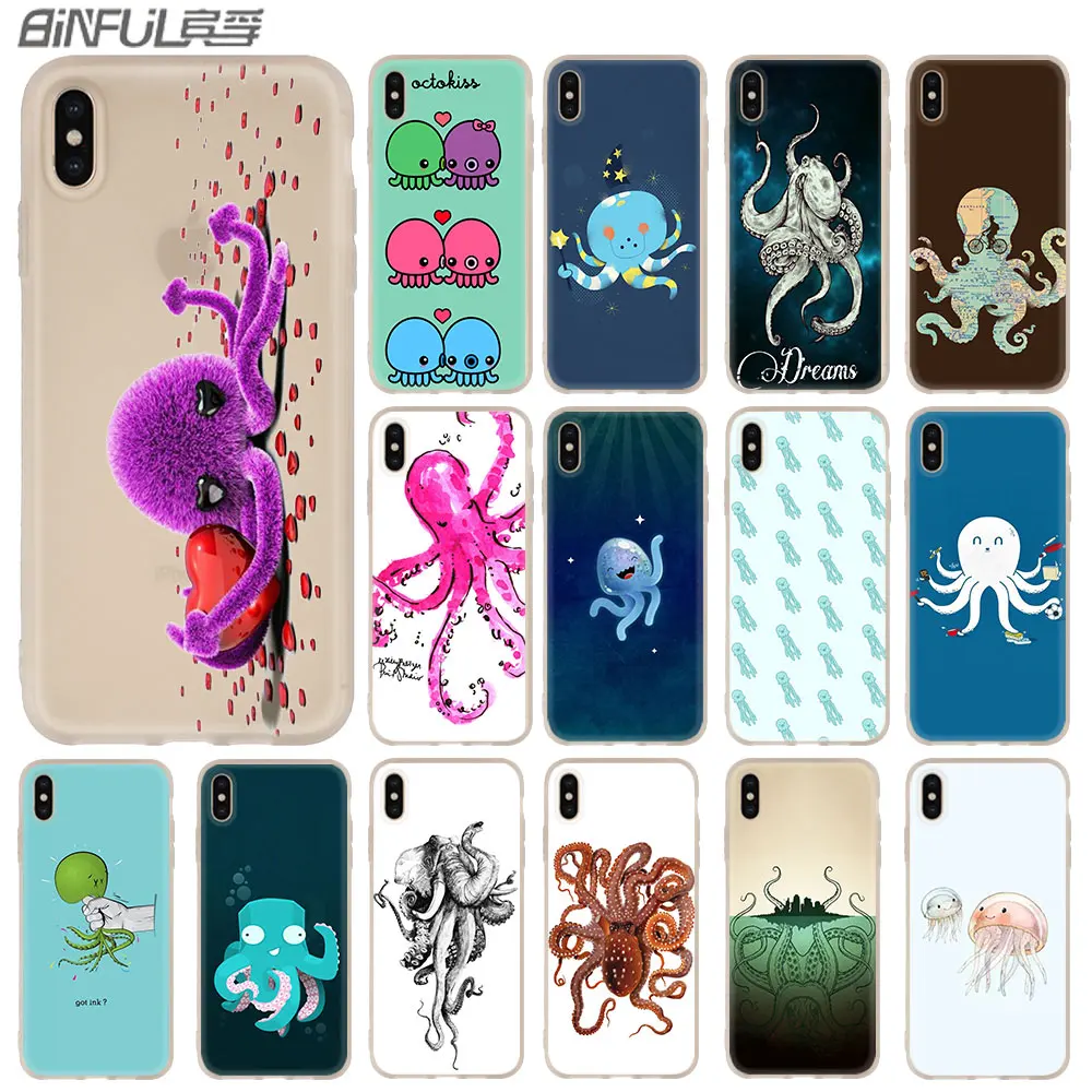 Funny Octopus Silicone Soft Phone Shell Case for iPhone 13 12 11 Pro X XS Max XR 8 7 6 Plus SE 2020 Coque | Мобильные телефоны и