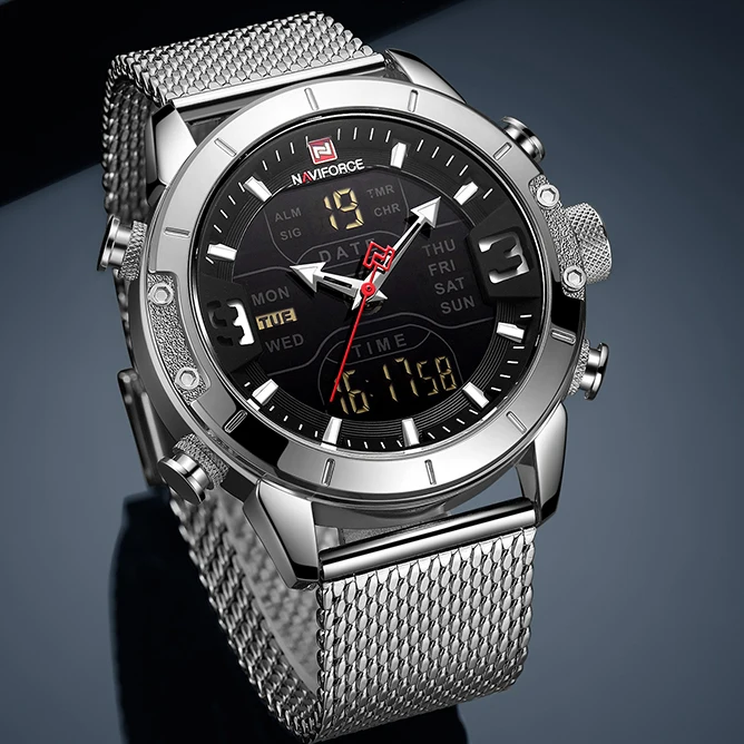 Новые мужские модные часы с двойным дисплеем, мужские военные кварцевые наручные часы из нержавеющей стали, сетчатые спортивные часы аналогово-Цифровые мужские часы