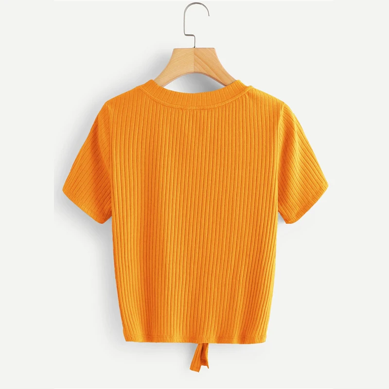 SweatyRocks неоновая цветная футболка с узлом спереди, стильная модная эластичная футболка, летняя повседневная женская желтая футболка и топы