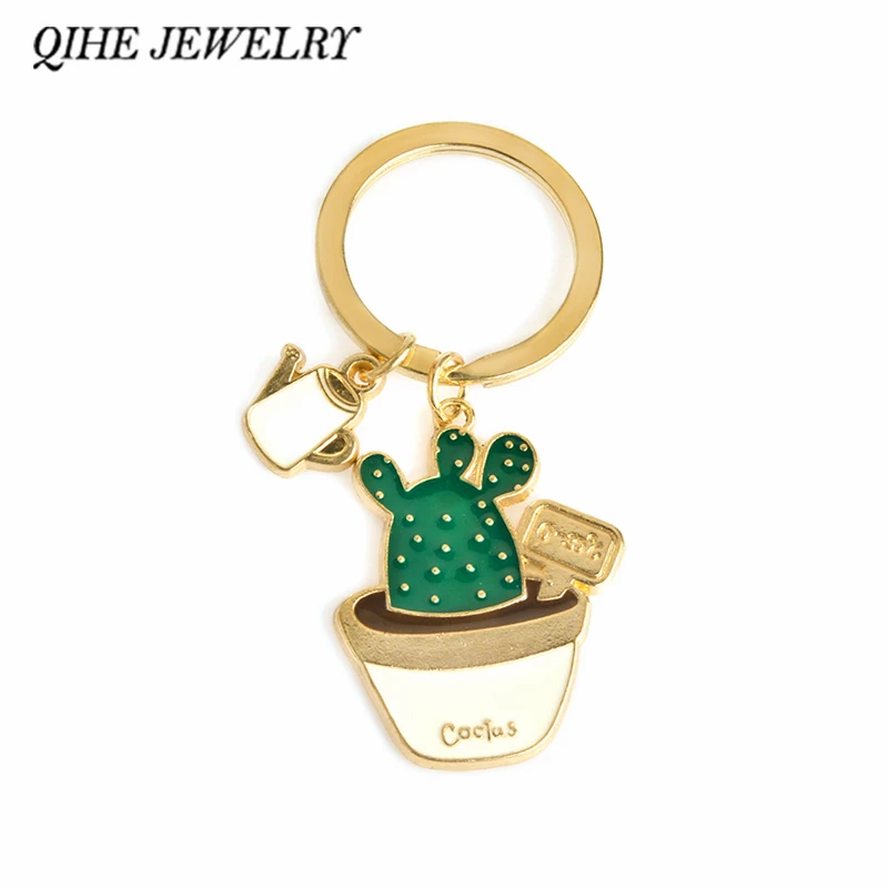 

QIHE JEWELRY Enamel Cute Kawaii Potted Cactus Succulents Plant Charm Keychain Accessory Clip Key Ring Gifts for Her