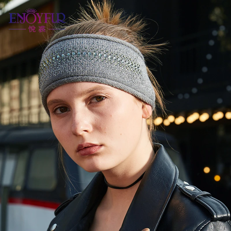 ENJOYFUR Fashion Rhinestones Winter Headband Female Cashmere Knitted Hair Accessories For Women Wide Warm Ladies Headwear 2018