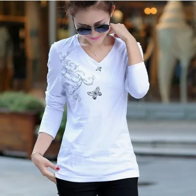 Woman Spring Plus Size V-neck Full Knitted Cotton T-shirts Female Autumn Oversized Hedging Slim Print Hedging Slim Tops Lady Tee