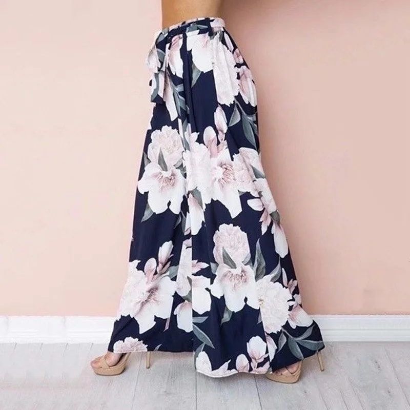 

Ladies Pants Party Full Length Bottoms Fashion Loose Floral Print Beach Palazzo Casual High Waist Trousers Wide Leg