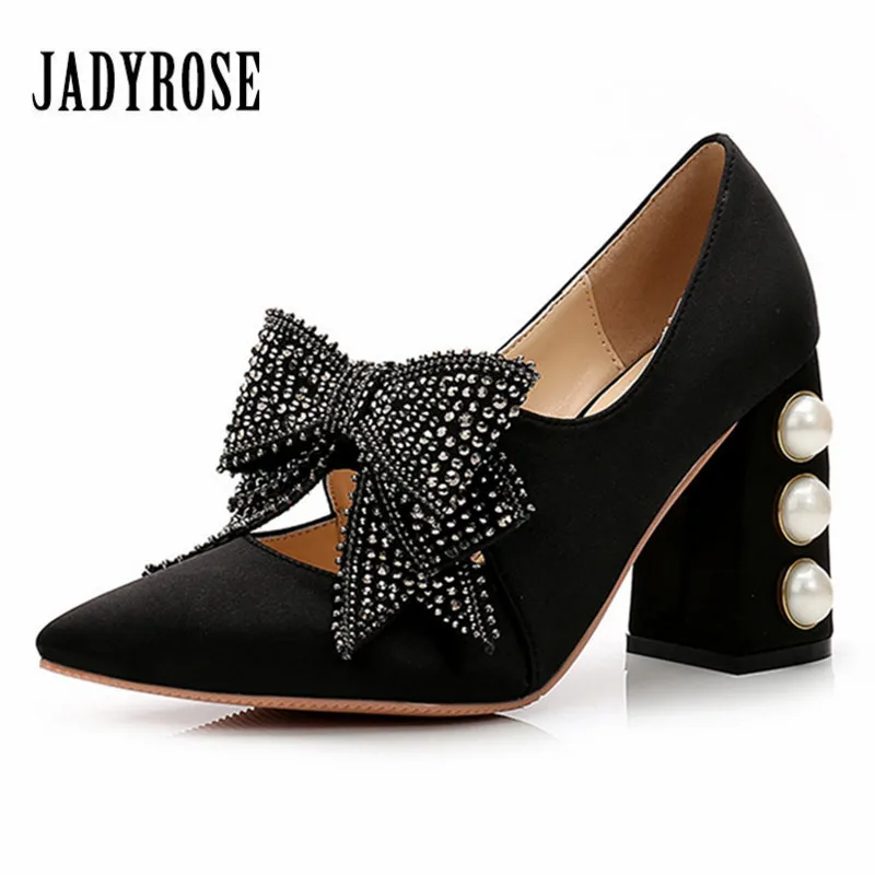 

Jady Rose Crystal Bowknot Women Pumps Mary Janes Chunky High Heels Sexy Pearl Decor Ladies Wedding Dress Shoes Woman Stiletto