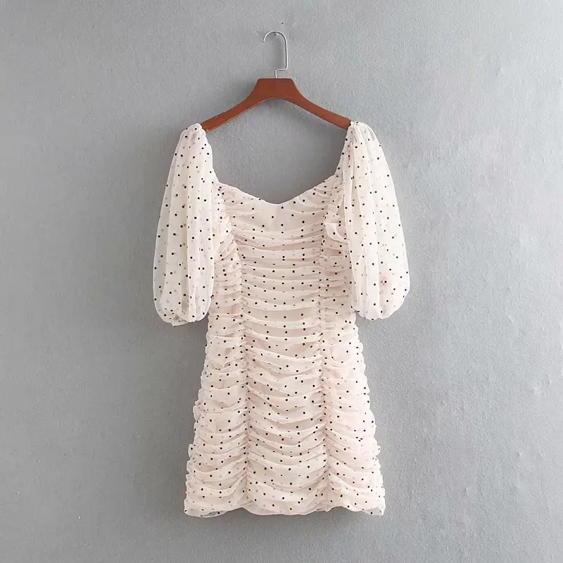 

New fashion women polka dot print pleated net yarn mini dress female lantern sleeve slimming vestidos streetwear dresses DS2394
