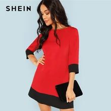 SHEIN красное платье-туника с контрастной отделкой, рабочая одежда с цветными блоками, короткие платья с рукавом 3/4, женское осеннее элегантное прямое короткое платье