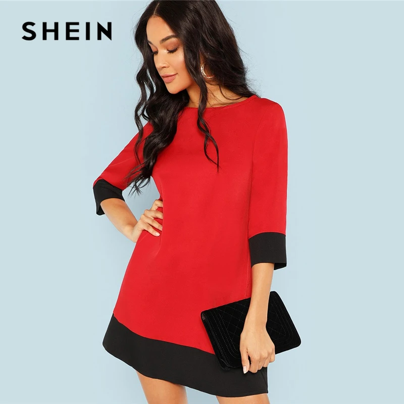 Cena SHEIN Red kontrastowa sukienka tunika odzież robocza Colorblock 3 4 rękaw krótkie sukienki kobiety jesień eleganckie proste sukienki mini