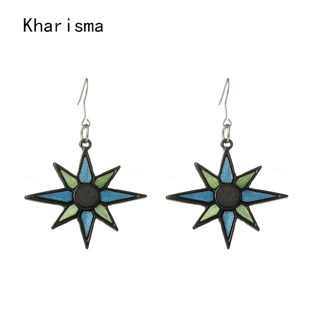 

KHARISMA Women Fashion Jewelry Drop Earrings Ethnic Gold Metal Zinc Alloy Setting Black Triangle Wood Star Long Dangle Earrings
