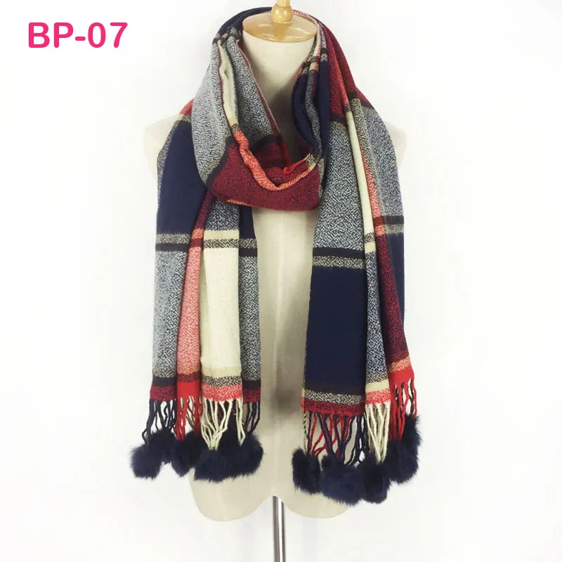 

Original brand tartan cashmere 100% acrylic warm comfortable women ladies wrap rabbit fur pom pom scarfs