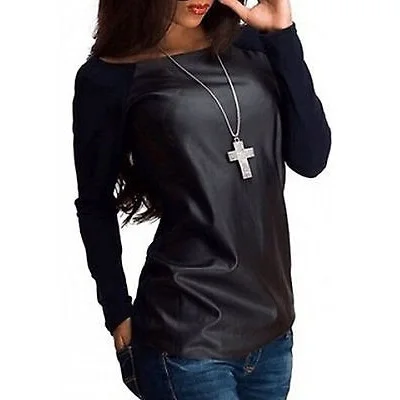 

New Sexy Womens Long Sleeve Scoop Neck PU Leather Spliced T-Shirt Casual Loose Pullouver Tops
