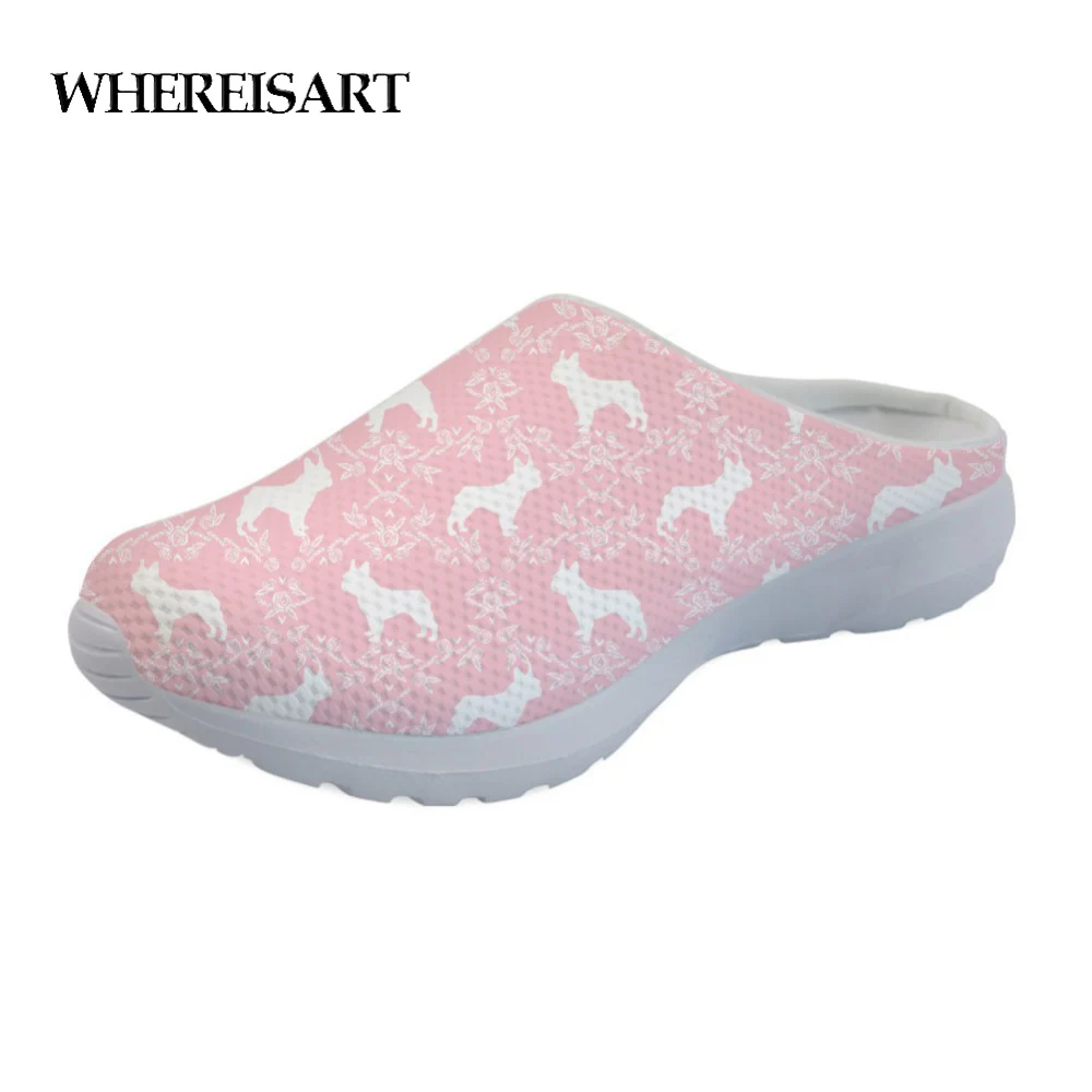 

WHEREISART Summer Sandals Women Cute Pink Boston Bulls Print Comfortable Mesh Home Slippers for Ladies Casual Beach Water Shoes