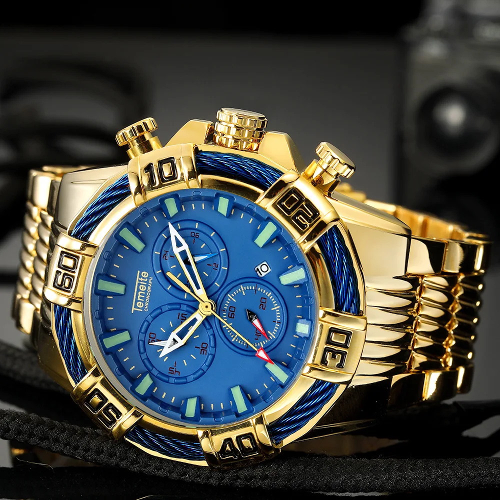 

Large dial man watch military sports waterproof Multifunction men watch TEMEITE brand mens wristwatch quartz steel men watch