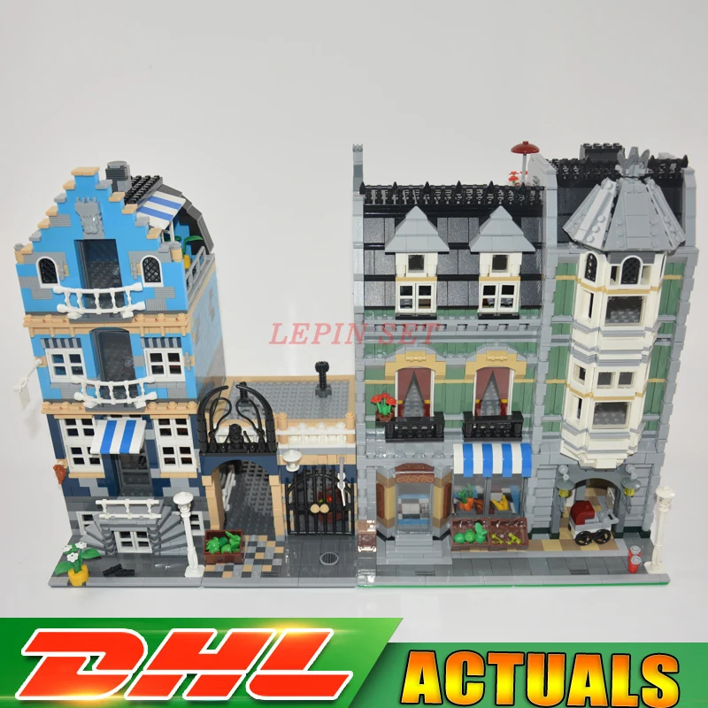 

DHL LEPIN City Street 1275Pcs 15007 European Market +2462Pcs 15008 Green Grocer Building Blocks Toys Clone 10190 10185