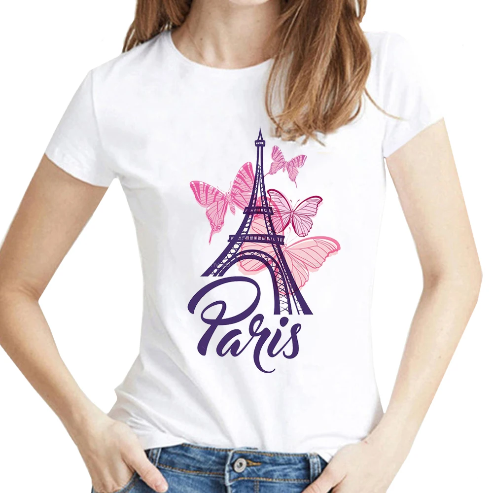 

Women's T Shirt Paris Eiffel tower Summer T-Shirt Short Sleeve Polera Mujer Top Tee Femme love in Paris flower Tshirts girl gift