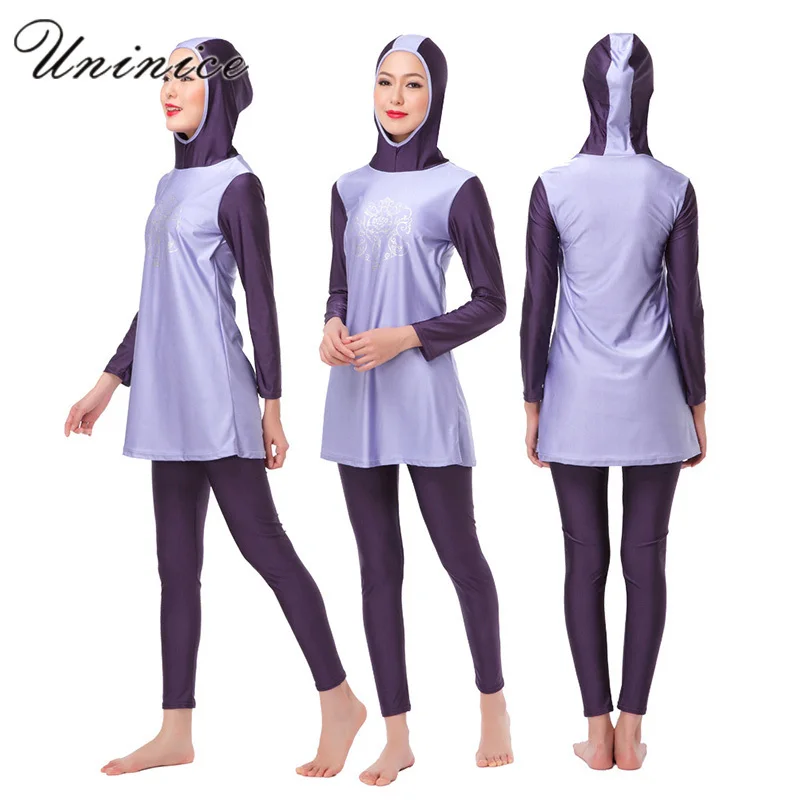 Контраст Цвет Одежда заплыва мусульманских Для женщин Лоскутная Исламская Купальники для малышек женский печатных скромные купальники с капюшоном хиджаб арабский одежда