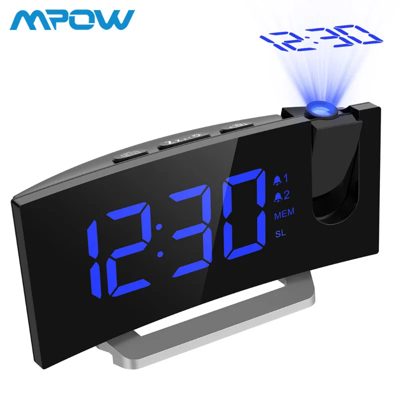 Online MPOW LED reloj de proyección FM 2 alarmas pantalla curva multifuncional 5 niveles de brillo de pantalla 4 sonidos de alarma ajustables Wekker
