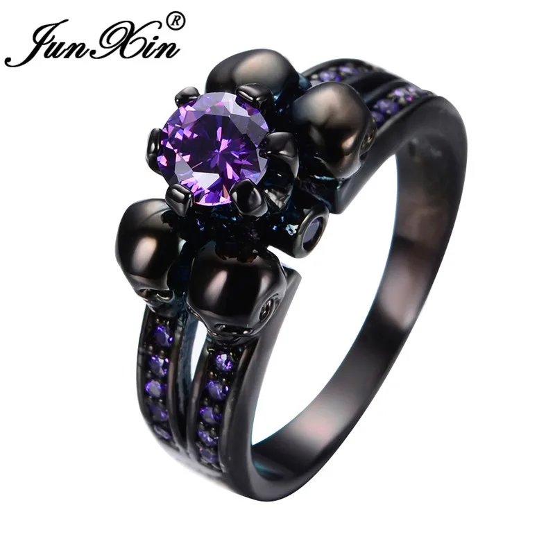 Black Gold Purple JUNXIN панк Разноцветные кристаллы кольца с черепом для мужчин и женщин 925 серебро черный золотой Заполненный Белый Синий Циркон Обручальное кольцо для мужчин и женщин - Цвет основного камня: Black Gold Purple