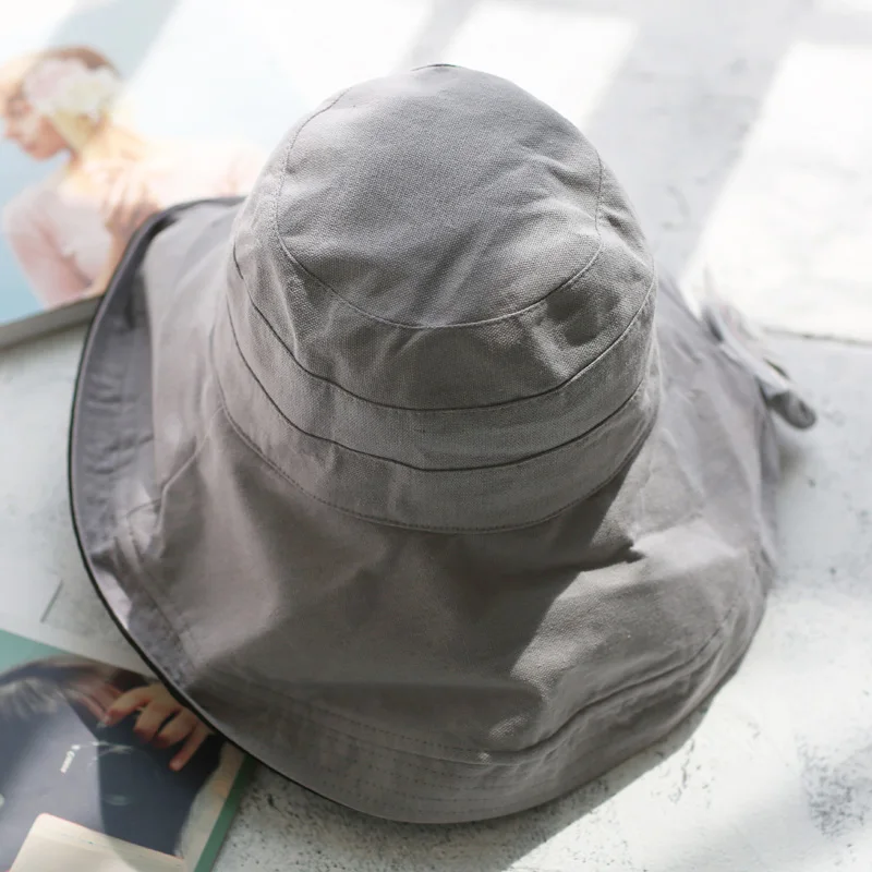 Gray and Black Складные летние шляпы с большими полями для женщин, хлопковые, с цветком, с УФ защитой, козырек, пляжная шляпа от солнца, Sonnenhut - Цвет: Gray and Black