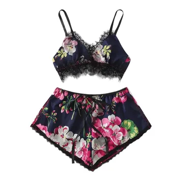 

Fashion Sexy Lace Satin Trim Floral Bow Lingerie Set Pajamas Babydoll Sleepwear Sexy Night Gown Women Erotic Underwear