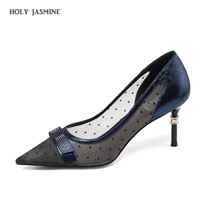 

2019 Summer Women High Heels Pointy Toe Floral Embroidered Lace Pumps Mesh Cut Out Summer Spring Shoes Stilettos Party Clubwear