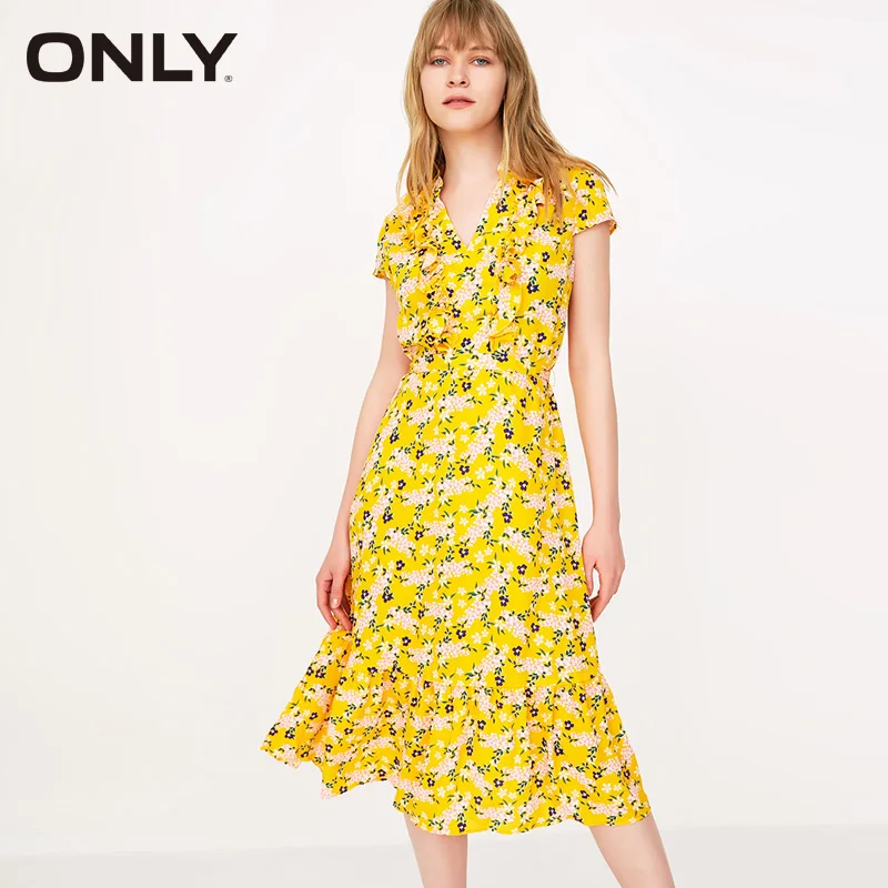 

ONLY women's spring and summer 2019 new V-neck tie waist floral chiffon dress | 118107664