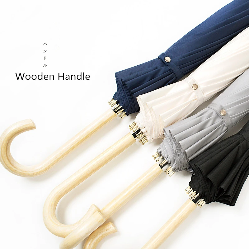 16 Ribs Japanese Style Fashion Business Brand Long Wooden Handle Sunny