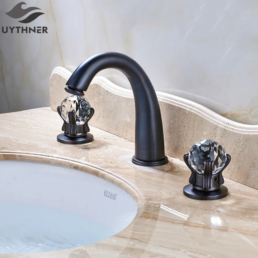 Uythner современный семь стилей Водопад Носик+ две Хрустальные Ручки Ванная раковина кран смеситель масло втирают бронзовая отделка
