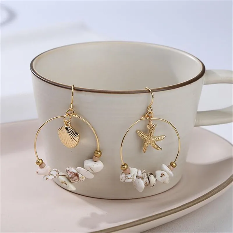 

Ethnic Gold Alloy Sea Shell Sterfhish Dangle Errings For Women Chic Round Natural Stone Beads Boho Earring Fashion Jewelry Hot