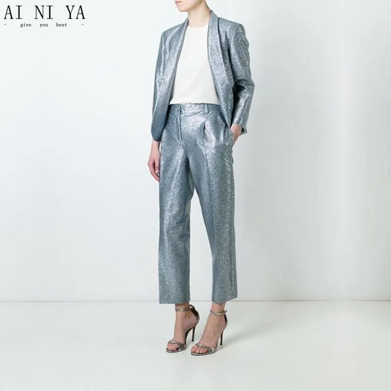 

Jacket+Pants Women Business Suit Single Breasted Office Uniform Designs Formal Skinny Sequins Female Trouser Suit Blazer Custom