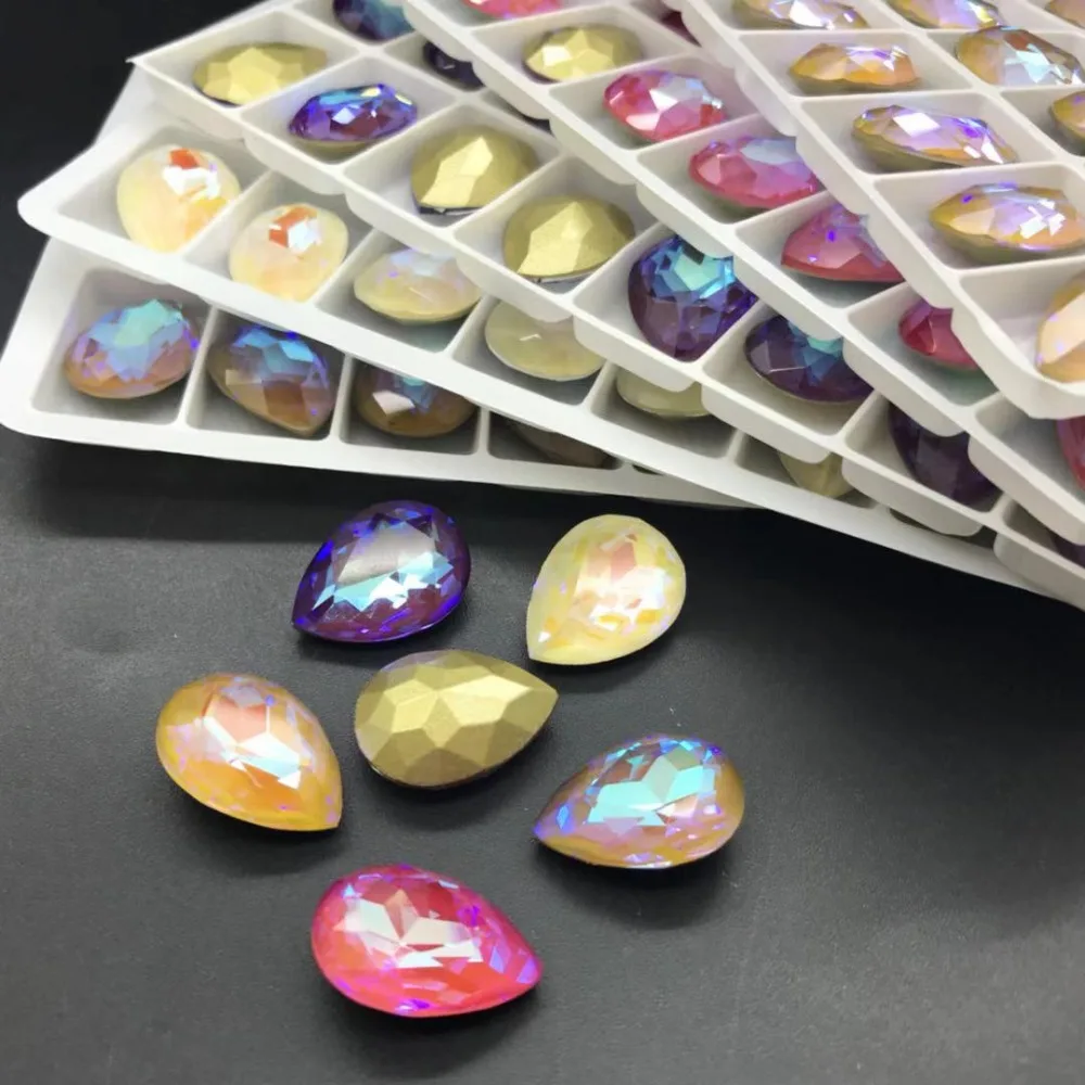 

TopStone Mocha AB 10x14 13x18 mm K9 Teardrop Glass Crystal Fancy Stone gold base Pointback Drop Rhinestone Multi Colors