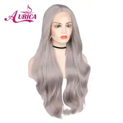 Аурика серый естественная волна жаропрочных волокна волос с пробор натуральный серый синтетические кружева перед парики для женщин