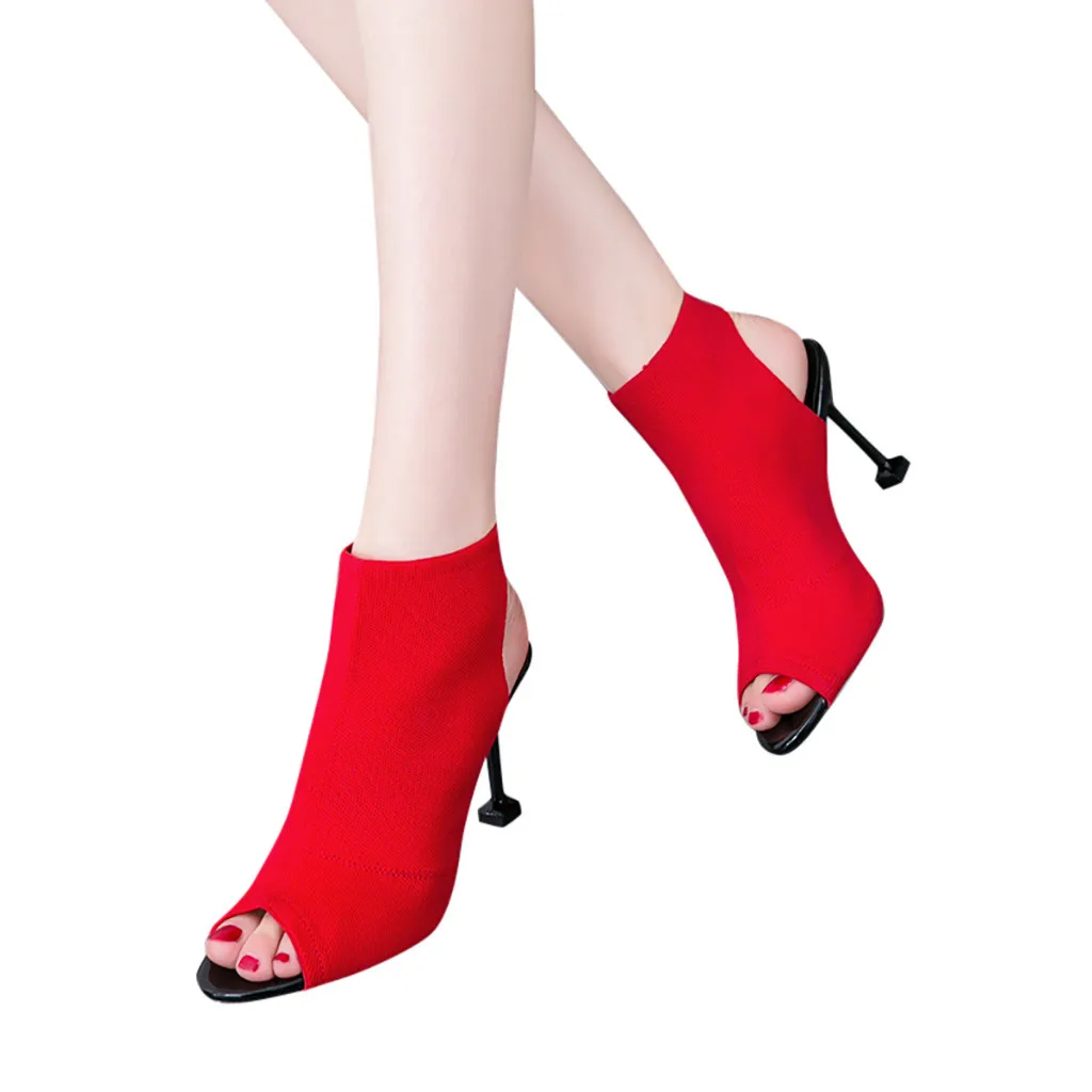 Женские босоножки на шпильках с открытым носком; эластичная вязаная обувь в римском стиле на высоком каблуке; модные пикантные Женские повседневные босоножки на высоком каблуке
