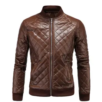 

Men's motorcycle casual leather coat jacket streetwear men fashion stand collar quilted PU leather coats homme male
