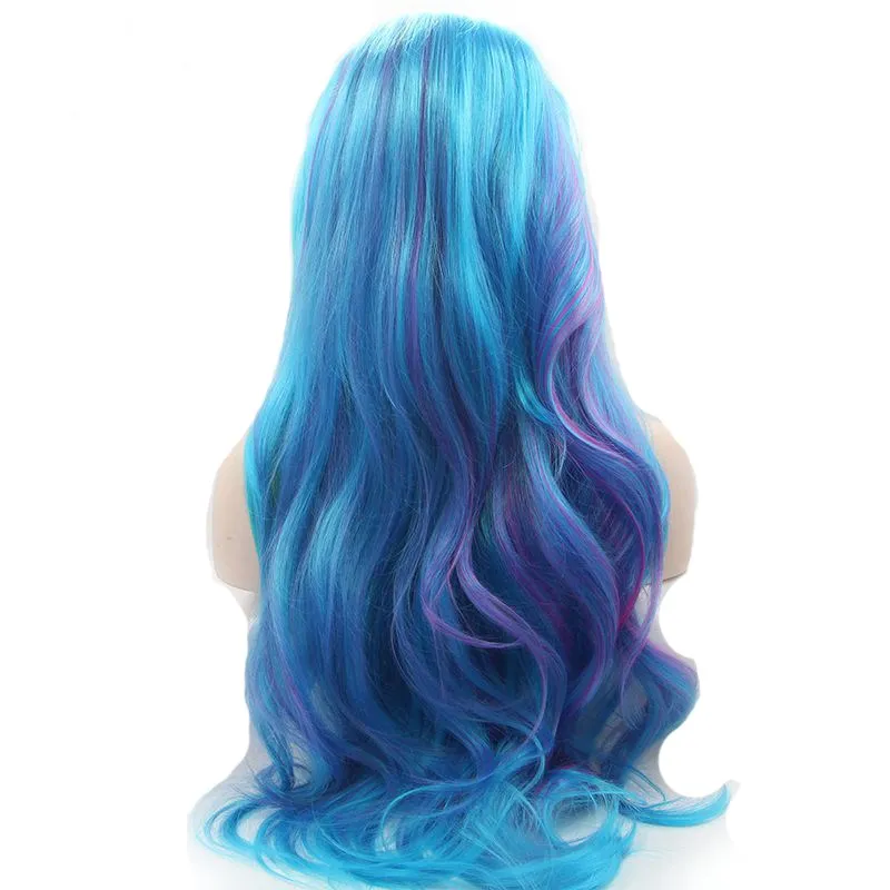 Marquesha синий смешанный фиолетовый желтый Синтетический кружевной передний парик Модный Омбре парик для женщин