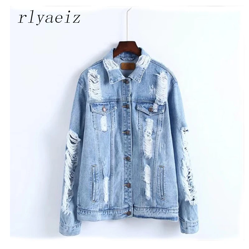 Beste Rlyaeiz 2018 Denim Jassen Vrouwen Gerafeld Gat Streetwear Stijl Lange Mouwen Vintage Jean Jas Denim Lente Herfst Jean Jas XXL