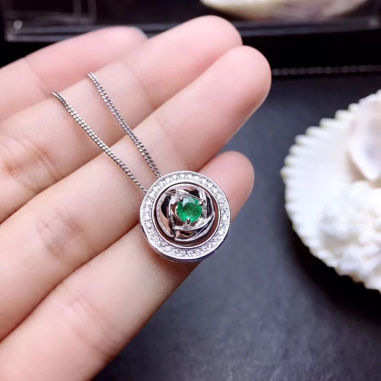 Naturel vert émeraude pendentif colliers naturel pierre gemme pendentif S925 argent mode ronde deux