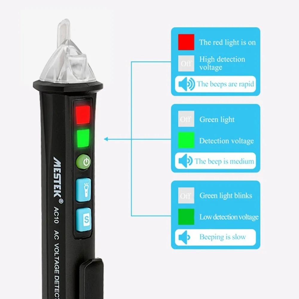 MESTEK AC10 AC Voltage Tester Pen Non-Contact Volt Detector Stick Adjustable Range Soundlight Alert 12V~1000V with Flashlight