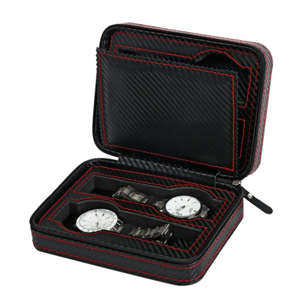 

2/4 Grids Carbon Fibre Leather Watch Box With Zipper Watches Display Case Jewelry Storage Portable Travel Watch Holder Case
