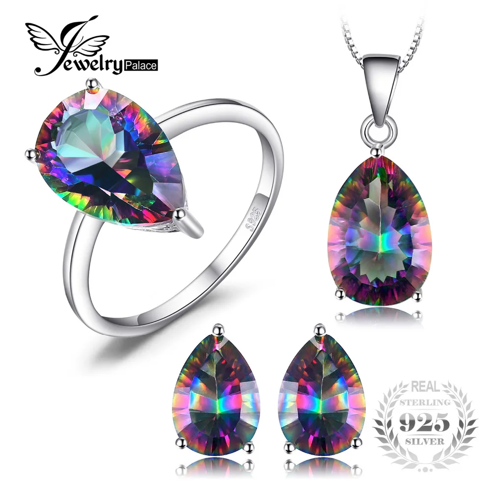 

Wholesale Hot Women's Pear 4.5ct Genuine Gem Stone Rainbow Mystic Topaz Pendant Ring Earring Set Solid Pure 925 Sterling Silver