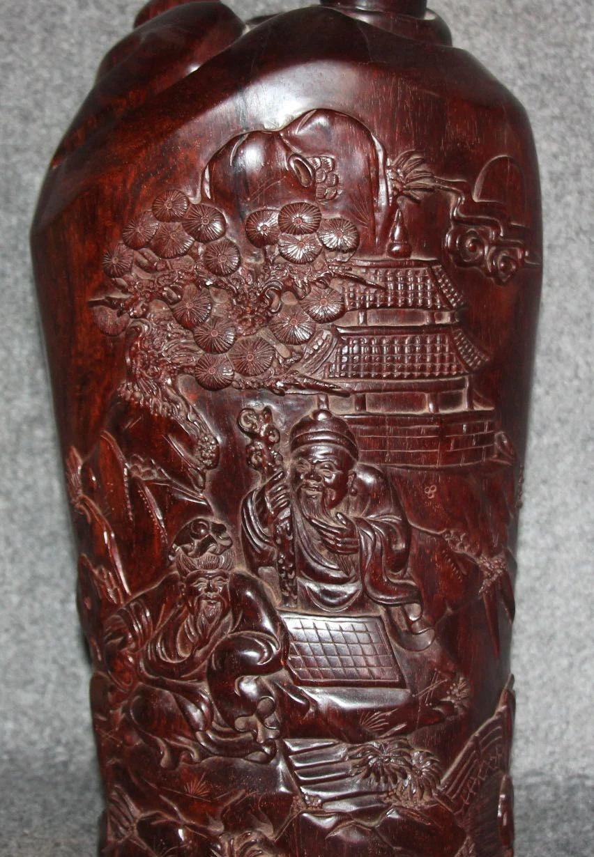 

9" Pterocarpus Padauk Wood Two Old Man Play Chess Pine Brush Pot Pencil Vase