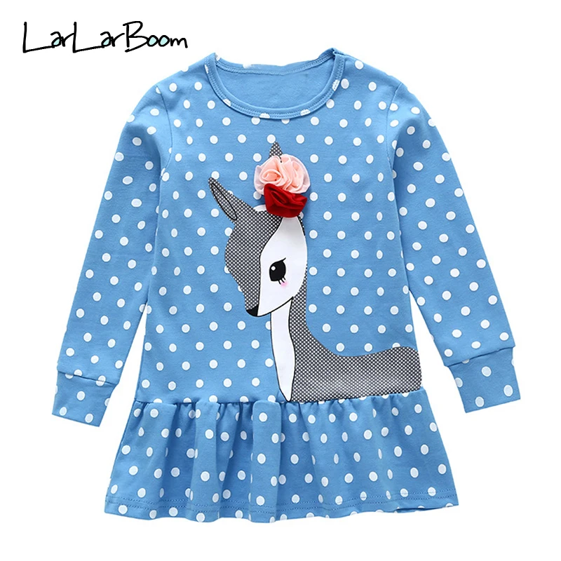 

LarLarBoom Pinkycolor Girls Dress Cute Fawn Pattern Long Sleeve Kids Dresses for Girl Polka Dot Cotton Children Princess Dress