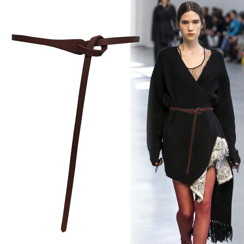 

fashion women knot belt accessories solid waistband girdle for dress female thin PU leather black faux leather knotted design