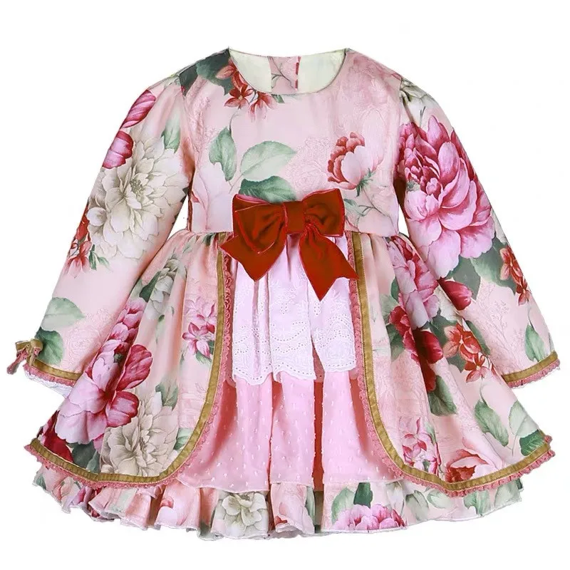 

Baby Frocks Girl Long Sleeve Floral Dress Wedding Party Dresses Kids Spanish Boutique Clothes Children's Wedding Birthday Gowns